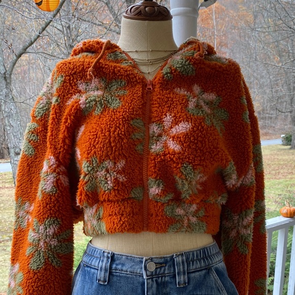 PacSun Jackets & Blazers - PascSun Floral Orange Fuzzy Cropped Hoodie
